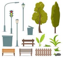 City and outdoor elements. Set of urban objects. Street lamp, traffic light, tree, bench, trash can, urn, bushes, grass, plants, stone, fence. Vector illustration.