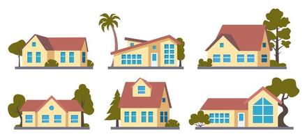 Houses set. Suburban American houses exterior front view and some trees. Collection of classic and modern American houses isolated on the white background. Vector Illustration.