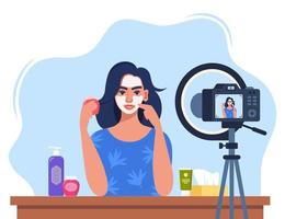 Woman beauty blogger recording skin care tutorial video for her vlog. Girl talking and showing cosmetic products in front of camera. Vector illustration.