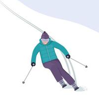 The skier rushes down the slope with a smile on his face. Winter holidays in the mountains. Alpine skiing. Vector illustration in flat style.