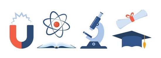 School, science and education icons. Microscope, atom, books, magnet, diploma, graduation cap. Back to school. Vector illustration.