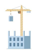 Building work process with houses and tower crane. Vector illustration.