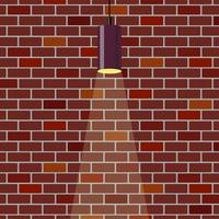 pared de ladrillos de colores, iluminada por una lámpara colgante. fondo de pared de ladrillo. lámpara de techo violeta. ilustración vectorial en estilo plano. vector