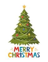 Merry Christmas text decorated with christmas tree, balls and light bulb chain. Greeting card design element. Vector typography.