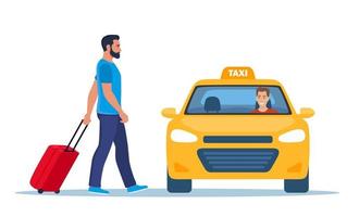 Man with a suitcase take taxi. Yellow Taxi Car, front view. Taxi with smiling man driver. Flat vector illustration.