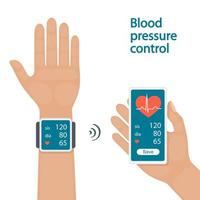 Measurement and monitoring of blood pressure with modern gadgets and mobile applications. Man checking arterial blood pressure with digital device tonometer. Healthcare. Flat vector illustration.