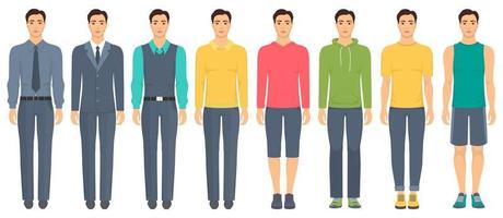 Young man standing in full growth in different clothes, formal, business, everyday, sports. Man in elegant and casual clothes. Basic wardrobe. Vector illustration, isolated.