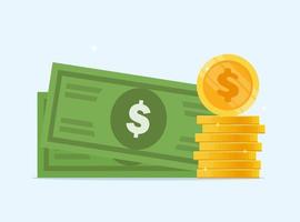 Dollar banknotes and coins. Money icon, bank note for symbol infographics, dollar money, vector flat illustration.