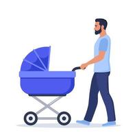 Young daddy walks with a baby in a stroller. Man with newborn son or daughter on walk in baby carriage. Vector illustration.