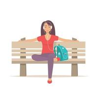 Cute girl sitting on a bench with headphones and listening to music. Young woman enjoying music on park bench. Vector illustration.