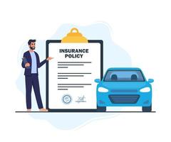 Car insurance concept. Man insurance agent, insurance policy on clipboard and automobile. Vector illustration.