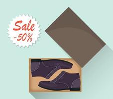 Stylish modern male shoes in box, side view. Sale with a discount of 50 percent. Man s casual shoes. Illustration for a shoe store. Vector flat illustration.