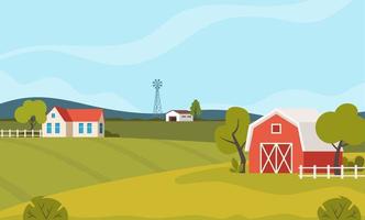 escena de la granja con granero rojo y molino de viento, árboles, valla, pajar. paisaje rural. concepto de agricultura y ganadería. linda ilustración vectorial.