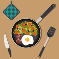 Traditional Breakfast. Scrambled eggs with vegetables and sausage on frying pan. Vector illustration in flat style.