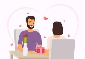 Happy couple sitting at the table in restaurant. Man gives woman a gift and flowers for Valentine s day. Happy couple in love on Valentine s day. Vector illustration in flat style.