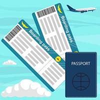 concepto de viaje con billetes de avión, pasaporte, avión en el cielo de fondo. pasaporte y tarjetas de embarque. ilustración vectorial, estilo plano. vector