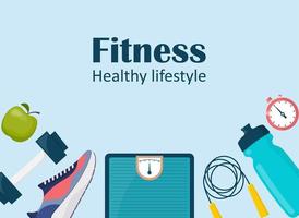 Fitness, sport, diet and healthy lifestyle banner with copy space and training equipment. Running, sport and gym icons set. Vector illustration in flat style.