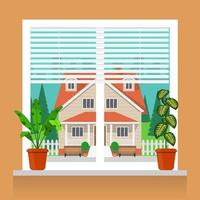 Room plants in pots on the windowsill. Blinds on the window, beautiful private house outside the window. Vector illustration in flat style.