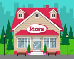 Beautiful modern store front with big windows and sign Shop on the facade. Cartoon vector illustration.