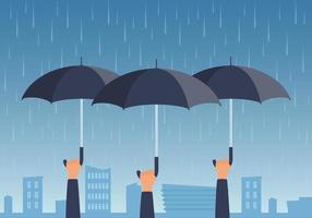 People hold umbrellas over the city in the rain. Hands holding open umbrellas. Concept vector Illustration.