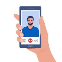 Hand holds smartphone during video call. Young man on smartphone screen with connection icons. Communication online using the phone. Talking through video call. Chatting online. Vector illustration.