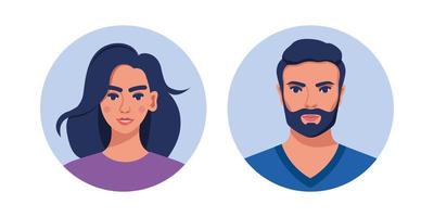 Smiling people avatars. Man and woman character. Portraits. Male and female avatars in a circle. Vector illustration.