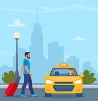 Man with a suitcase take taxi. Urban background. Yellow Taxi Car, front view. Taxi with smiling man driver. Flat vector illustration.