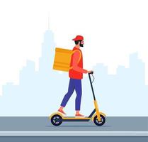 Delivery young man courier riding electric scooter with yellow package product box. Fast shipping service concept on city street. Vector illustration in flat style.