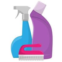 The bottles of detergent. Toilet duckling, bottle of cleaning spray, cleaning brush. Cleaning services concept. Vector illustration, flat style, isolated.