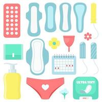 Menstruation, set of elements. Pads, tampons, menstrual cup and other feminine hygiene products. Menstrual calendar. Female menstrual cycle. Pill. Vector iilustration in flat style.