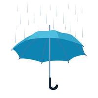 Colorful umbrella. Blue accessory with handle protection from rain, isolated on white background. Seasonal safety stylish rainy weather symbol. Vector illustration.