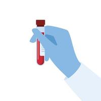 Doctor's hand in a medical glove holding test tube with blood. Laboratory research. Equipment for analysis. Vector illustration in flat style.