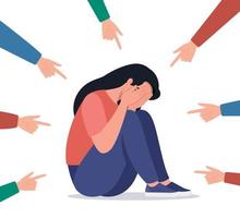 Sad or depressed young woman surrounded by hands with index fingers pointing at her. Concept of quilt, accusation, public censure and victim blaming. Flat vector illustration.