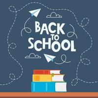 Back to school poster, banner. Lettering Back to school inscription with clouds and paper airplanes flying around, drawn with chalk on a board. Pile of books. Vector. vector