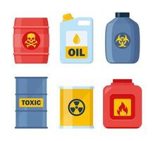conjunto de contenedores con sustancias tóxicas y químicas. peligrosas sustancias tóxicas, de riesgo biológico, radiactivas e inflamables. ilustración vectorial vector
