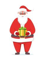 Cute Santa Claus character with gift in his hands. Santa smiling and show huge gift box. Merry Christmas and Happy New Year. Christmas card vector illustration.