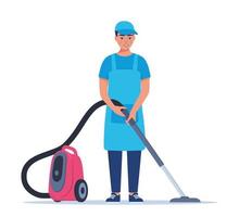 Man dressed in a uniform with a vacuum cleaner. Worker of cleaning service. Vector illustration in a flat style.