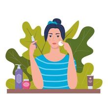 Young woman cleaning her face with cotton pad. Tubes and vials cosmetics, tropical leaves on background. Skin care concept for vegan organic cosmetics. Vector illustration.