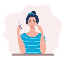 Young woman cleaning her face with cotton pad, holding cleaning lotion in her hand. Beauty, skin care and cosmetic concept. Vector illustration in flat style.