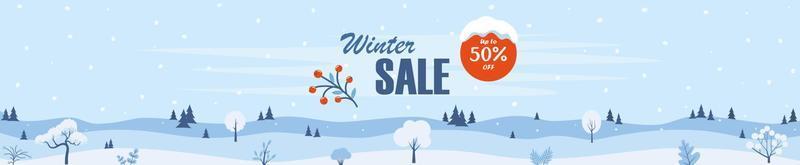 Winter sale social network horizontal banner with winter landscape snowy background, snowflakes, tree and discount. Vector illustration.