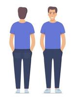 Beautiful young man standing in full growth in casual clothes. Front and back view, isolated. Vector illustration.