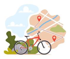 bicicleta, mapa con marcadores de inicio y fin. alquiler de bicicletas, bicicletas compartidas o servicio de entrega. mapa de la ciudad con alfileres y bicicleta. ilustración vectorial plana para banner, volante, tarjeta. vector