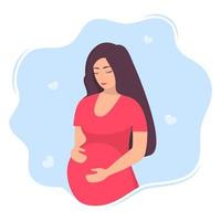 Happy young pregnant woman with big belly. Beautiful pregnant woman character. Girl expecting a baby. Maternity concept. Vector Illustration.