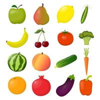 Set of fresh fruits and vegetables, bright and colorful, isolated on white. Vector flat illustration.