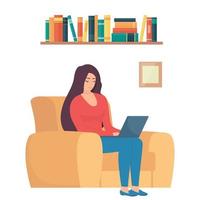 Woman sitting in chair with laptop. Girl with laptop doing remote work. Online freelance work concept illustration. Working from home. Modern flat style vector. vector