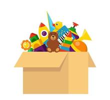 Kids toy box full of toys. Cubes, whirligig, duck, ball rattle, pyramid, pipe, bear, ball, rocket, tambourine, boat. Modern flat style vector illustration.