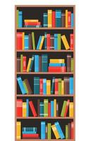Bookcase with books. Book shelves with multicolored book spines. Vector illustration in flat style.