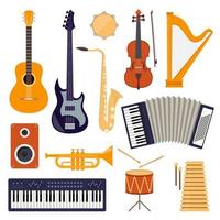 instrumentos musicales de diseño plano, conjunto de iconos. guitarra, sintetizador, violín, violonchelo, tambor, platillos, saxofón, acordeón, pandereta, trompeta, arpa, parlante. vector
