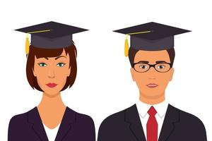 avatares de graduación de los estudiantes. hombre y mujer con gorras de graduación. ilustración vectorial en estilo plano. vector