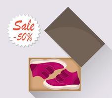 lindos zapatos de bebé en caja, vista lateral. venta con un descuento del 50 por ciento. botas casuales de niño rosa. ilustración para una zapatería. ilustración plana vectorial. vector